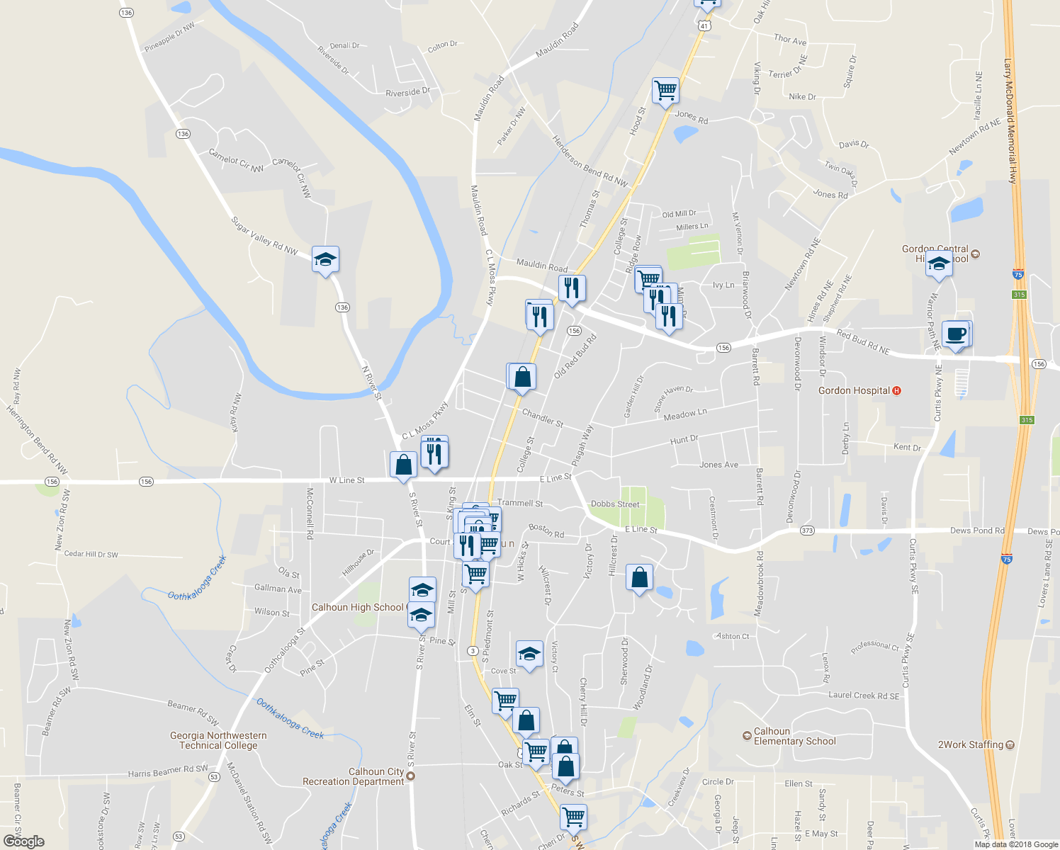 map of restaurants, bars, coffee shops, grocery stores, and more near 516 College Street in Calhoun