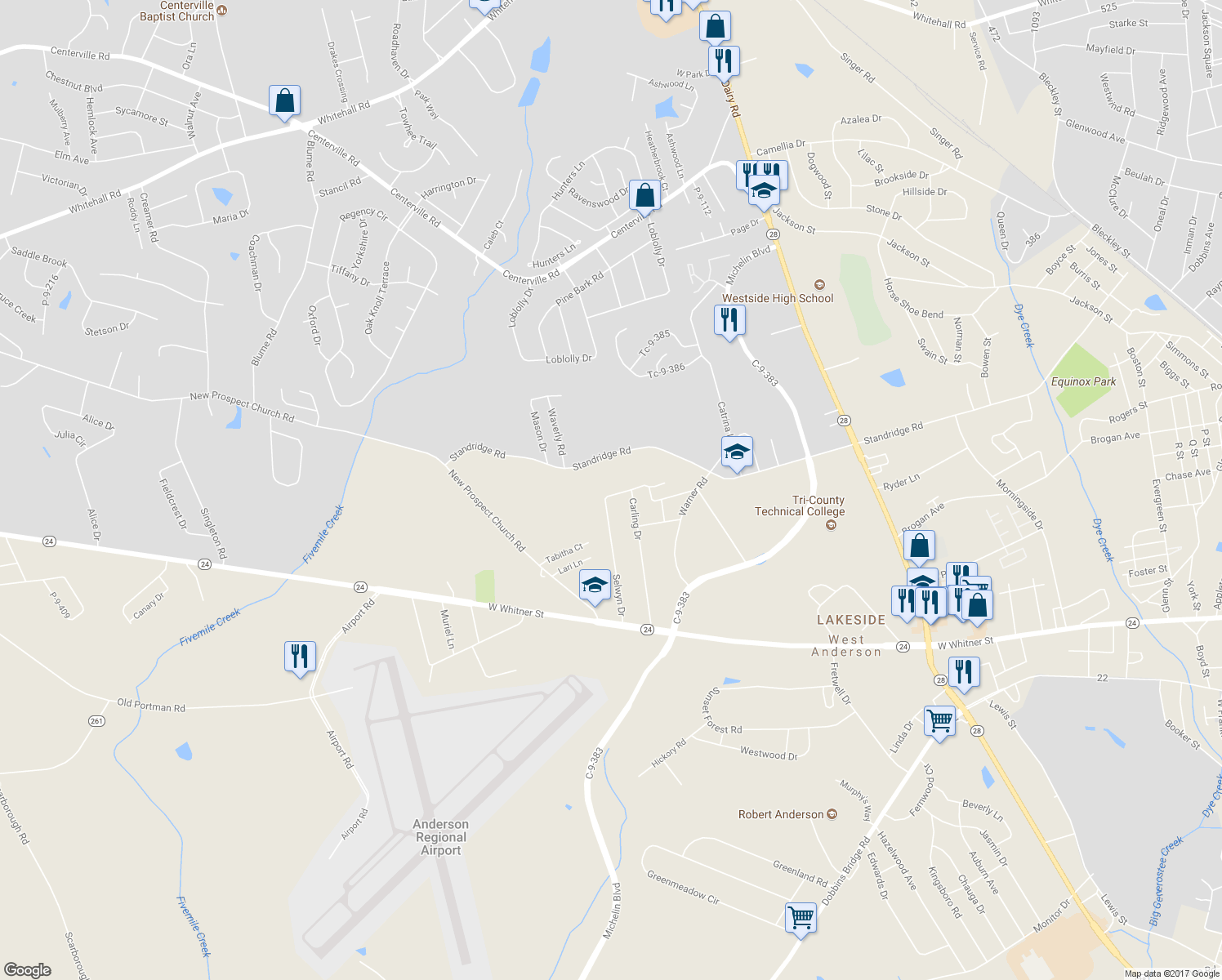 map of restaurants, bars, coffee shops, grocery stores, and more near 131 Selwyn Drive in Anderson