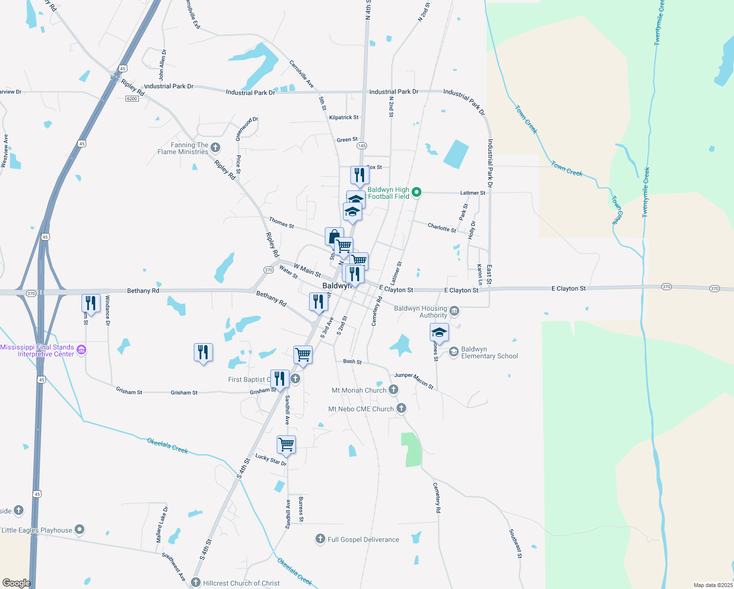 map of restaurants, bars, coffee shops, grocery stores, and more near 171 E Main St in Baldwyn