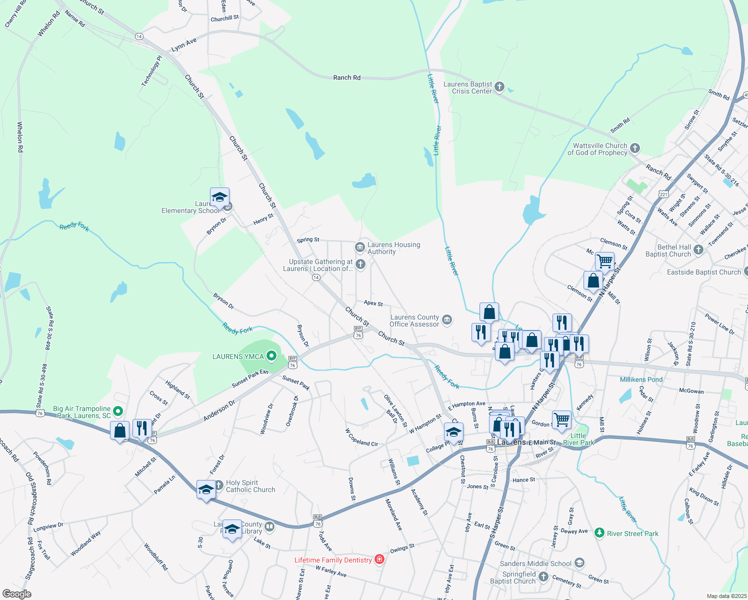 map of restaurants, bars, coffee shops, grocery stores, and more near 108 Apex St in Laurens