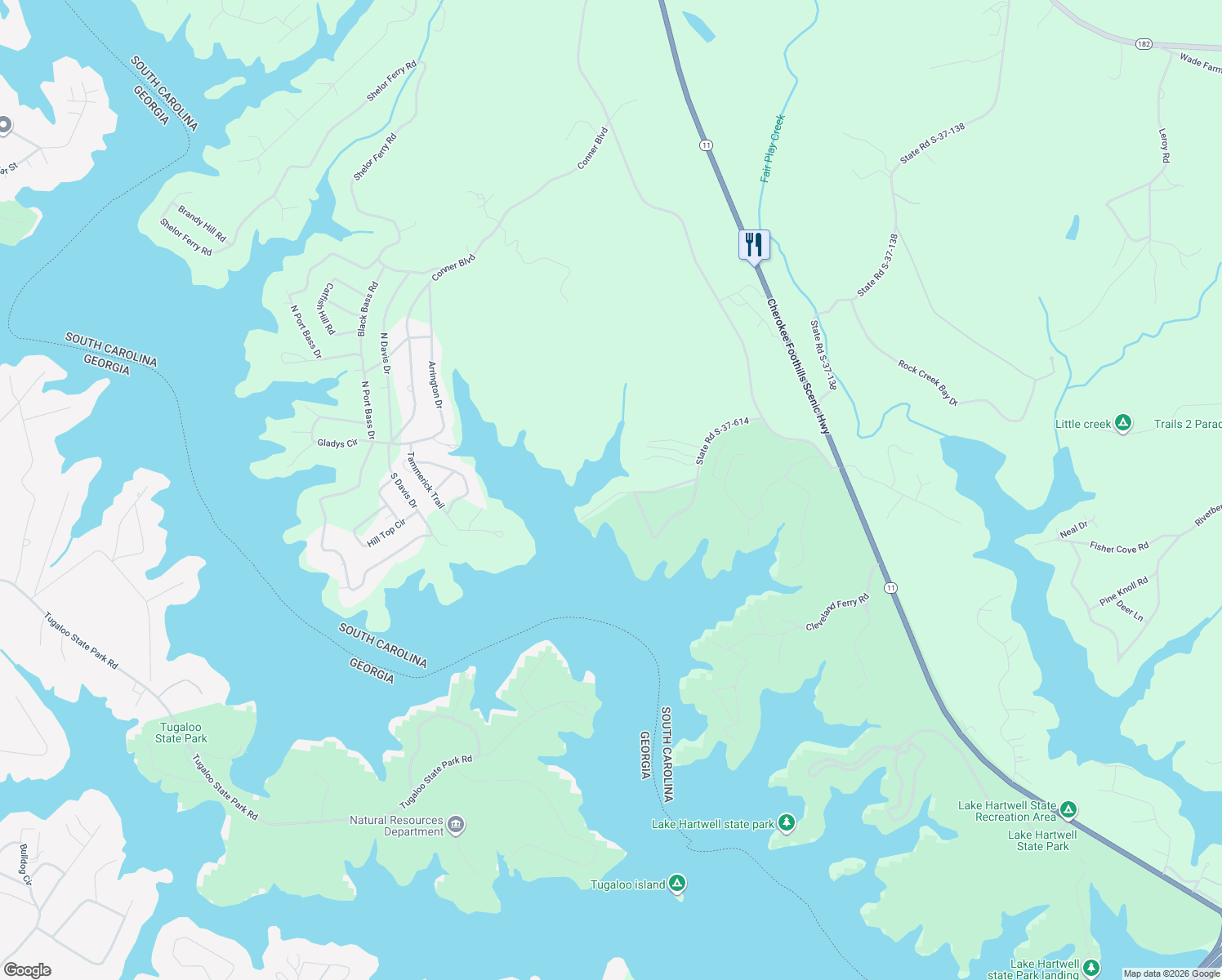 map of restaurants, bars, coffee shops, grocery stores, and more near 232 Tugaloo Shores Drive in Fair Play