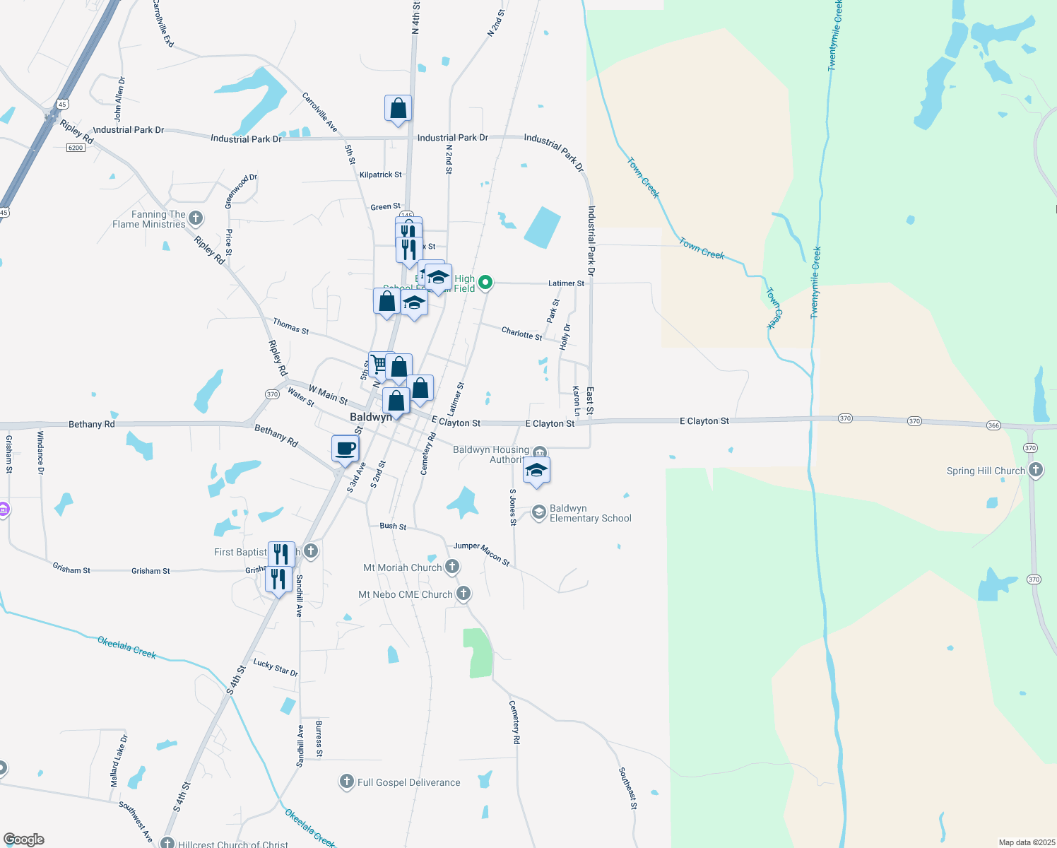 map of restaurants, bars, coffee shops, grocery stores, and more near 505 East Clayton Street in Baldwyn