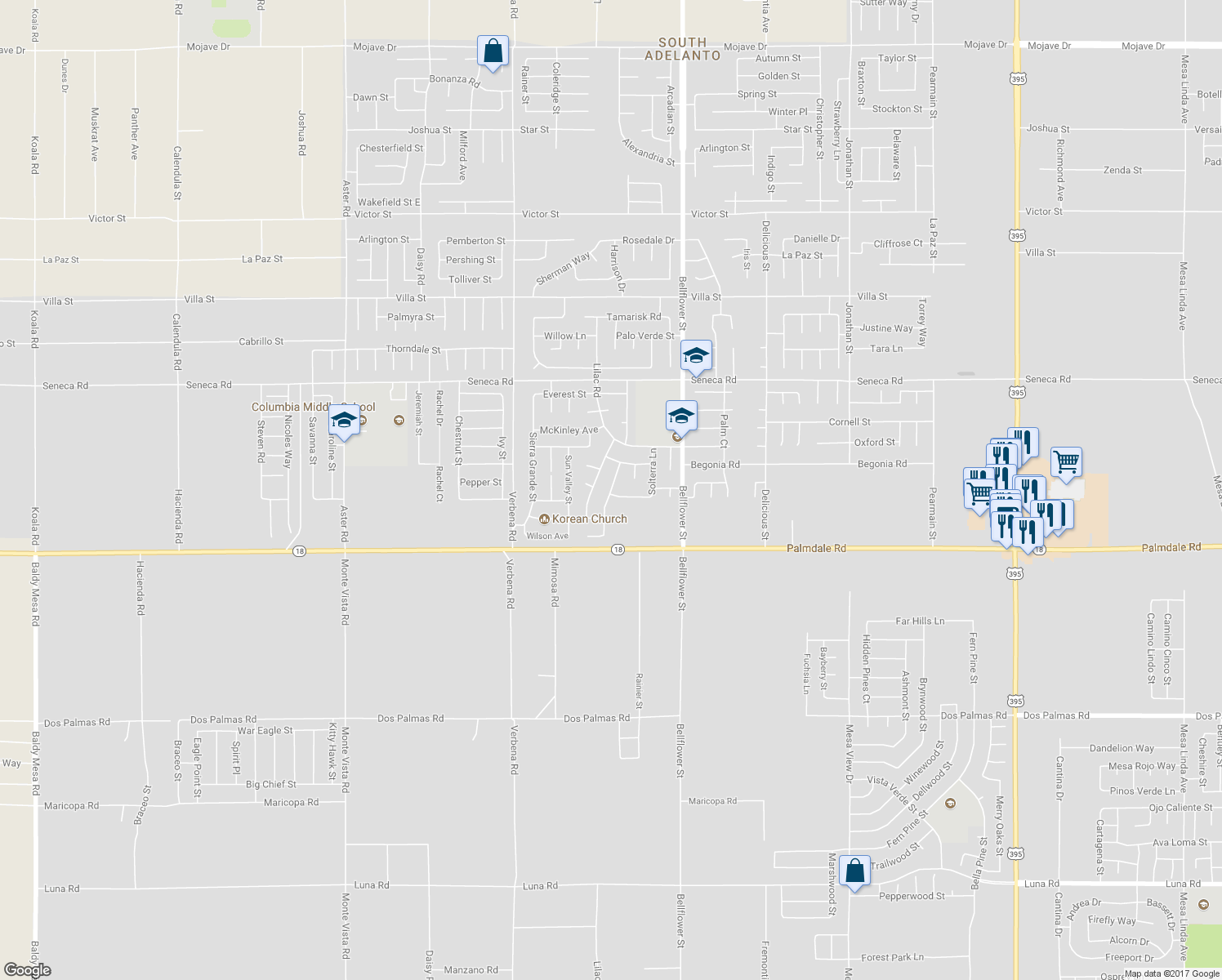 map of restaurants, bars, coffee shops, grocery stores, and more near 14163 Purple Canyon Road in Adelanto