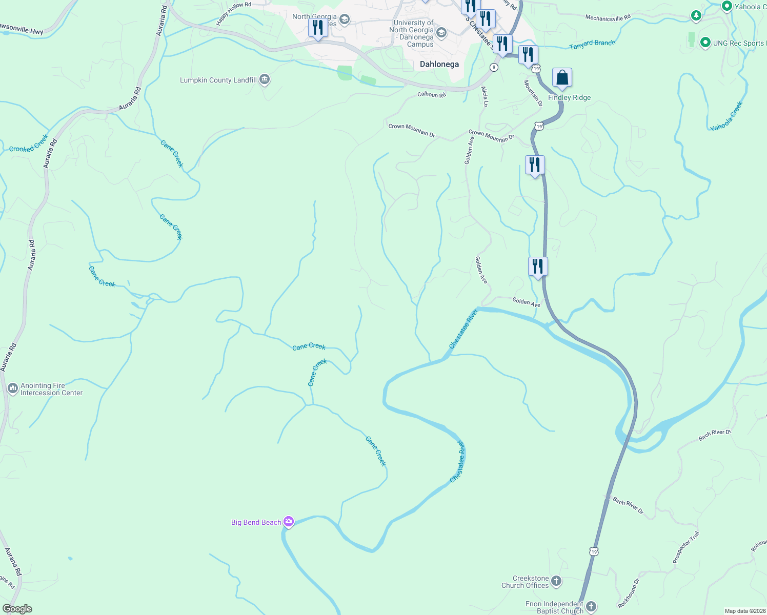 map of restaurants, bars, coffee shops, grocery stores, and more near 853-885 Calhoun Rd in Dahlonega