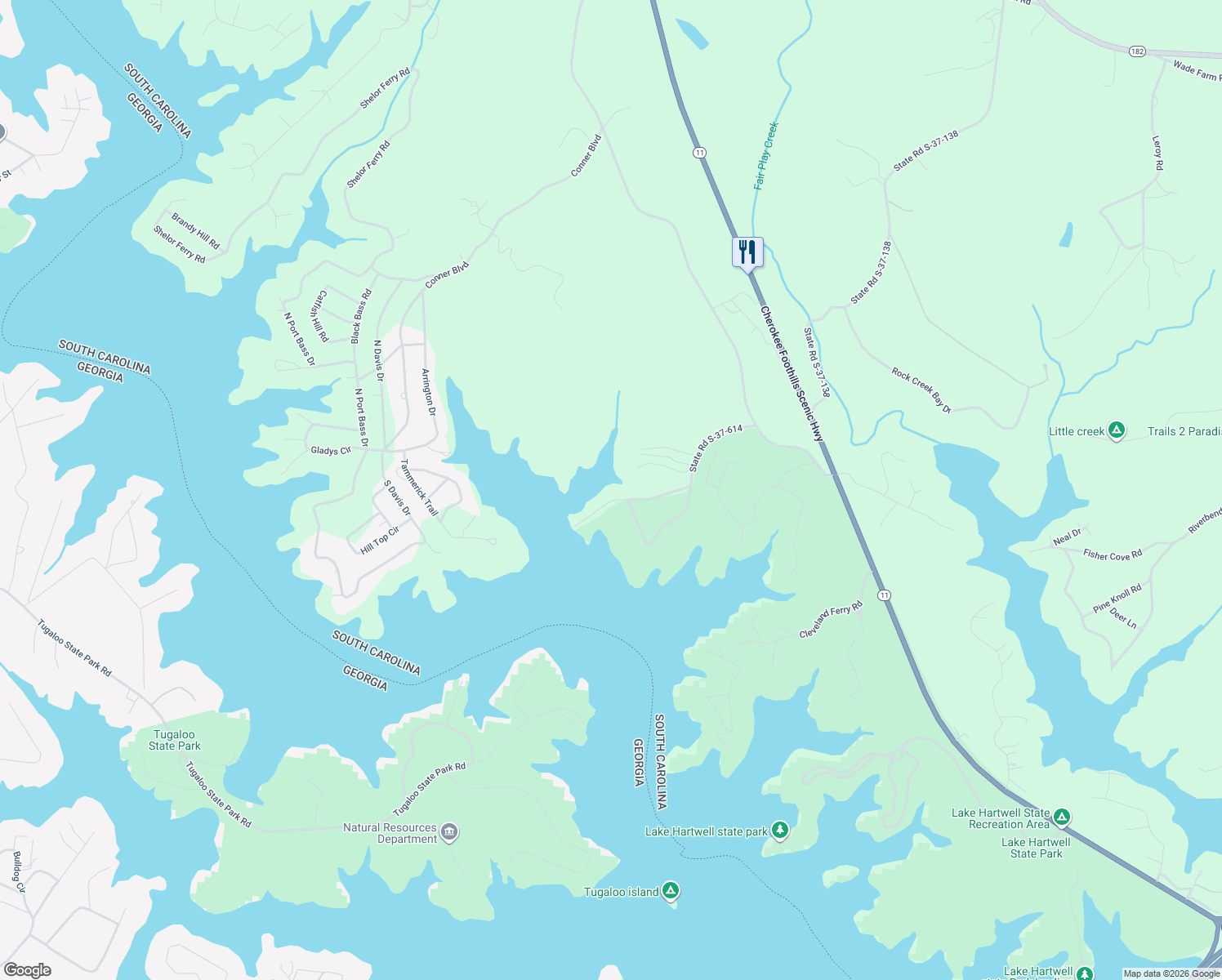 map of restaurants, bars, coffee shops, grocery stores, and more near 232 Tugaloo Shores Drive in Fair Play