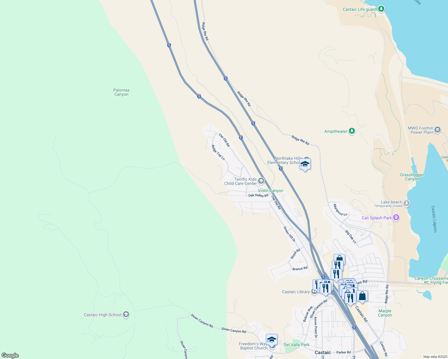 map of restaurants, bars, coffee shops, grocery stores, and more near 32610 Ridge Top Lane in Castaic