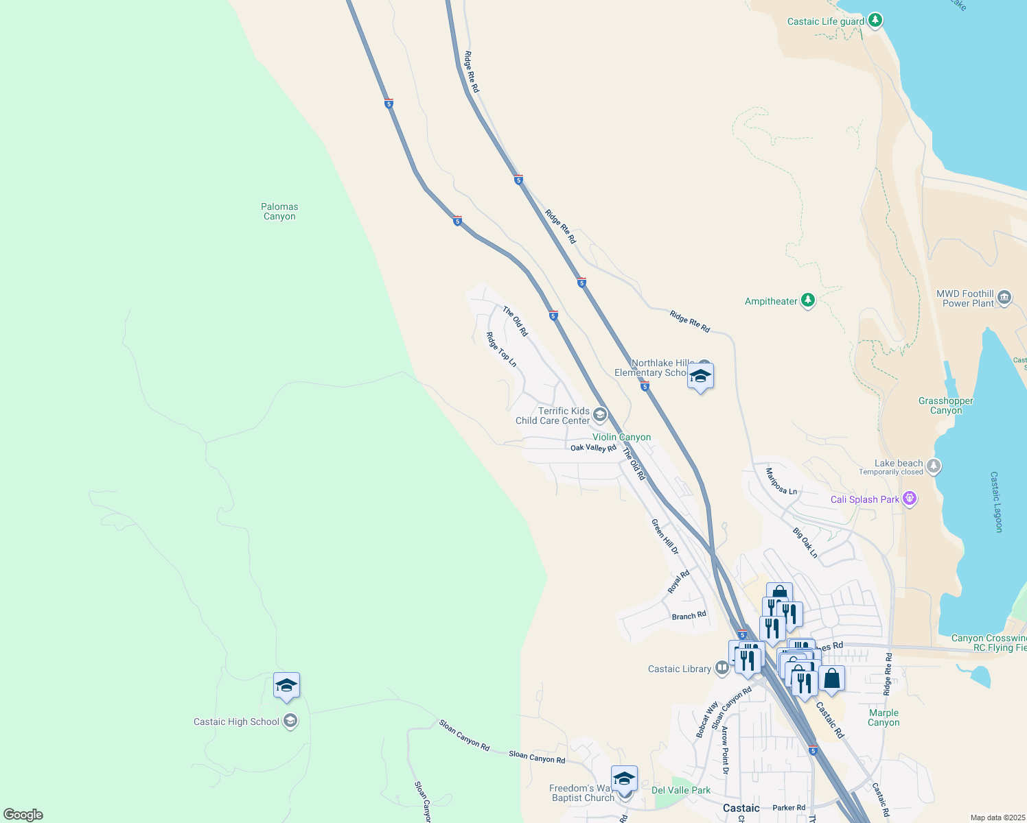 map of restaurants, bars, coffee shops, grocery stores, and more near 32610 Ridge Top Lane in Castaic