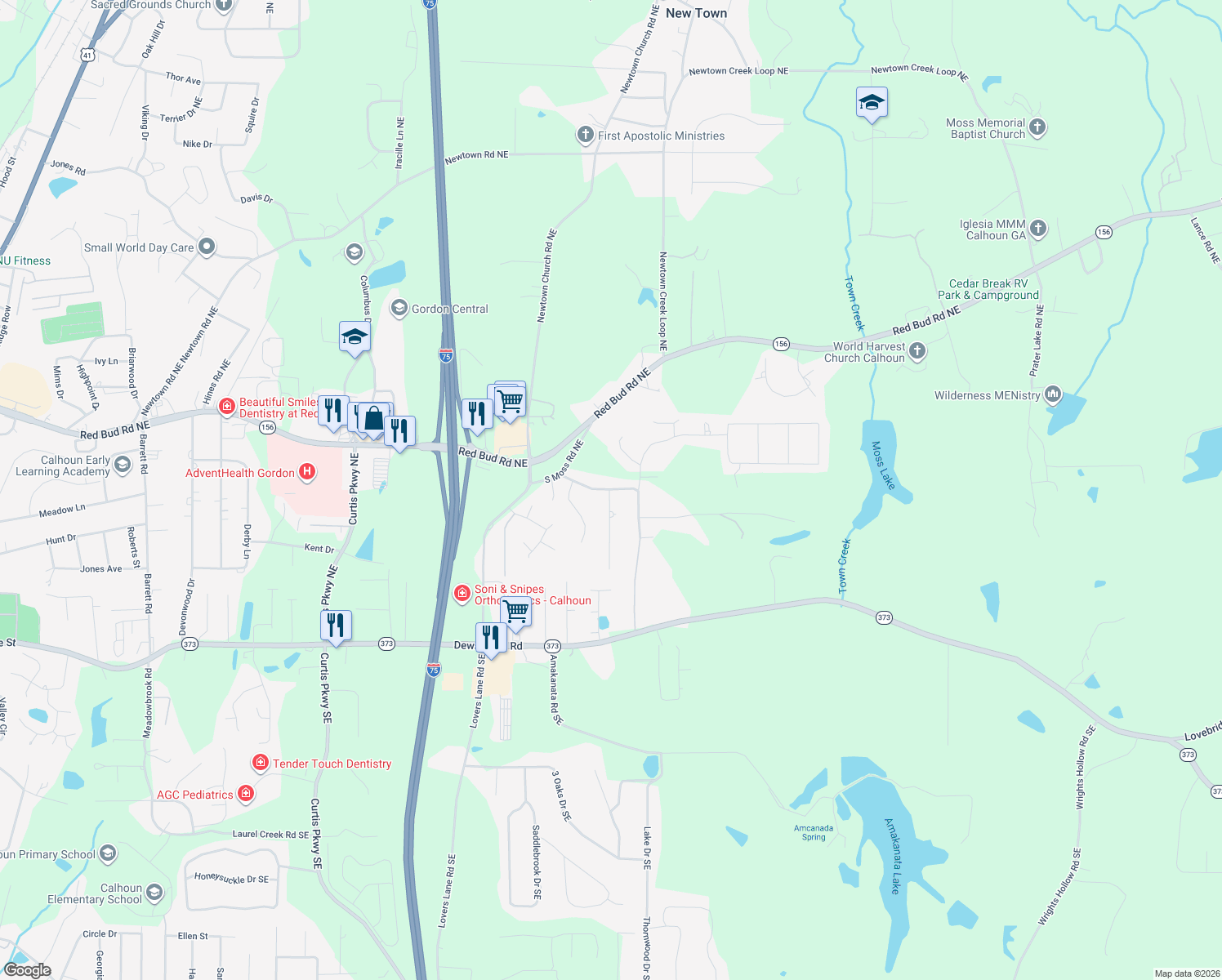 map of restaurants, bars, coffee shops, grocery stores, and more near 108 Shenandoah Drive Northeast in Calhoun