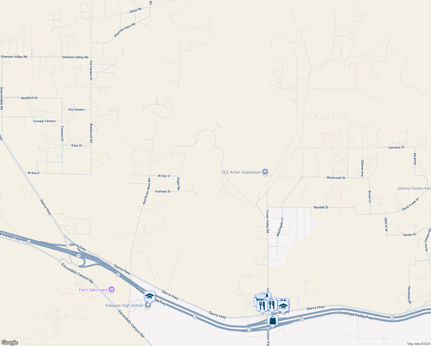 map of restaurants, bars, coffee shops, grocery stores, and more near Pelona Canyon Road in Acton