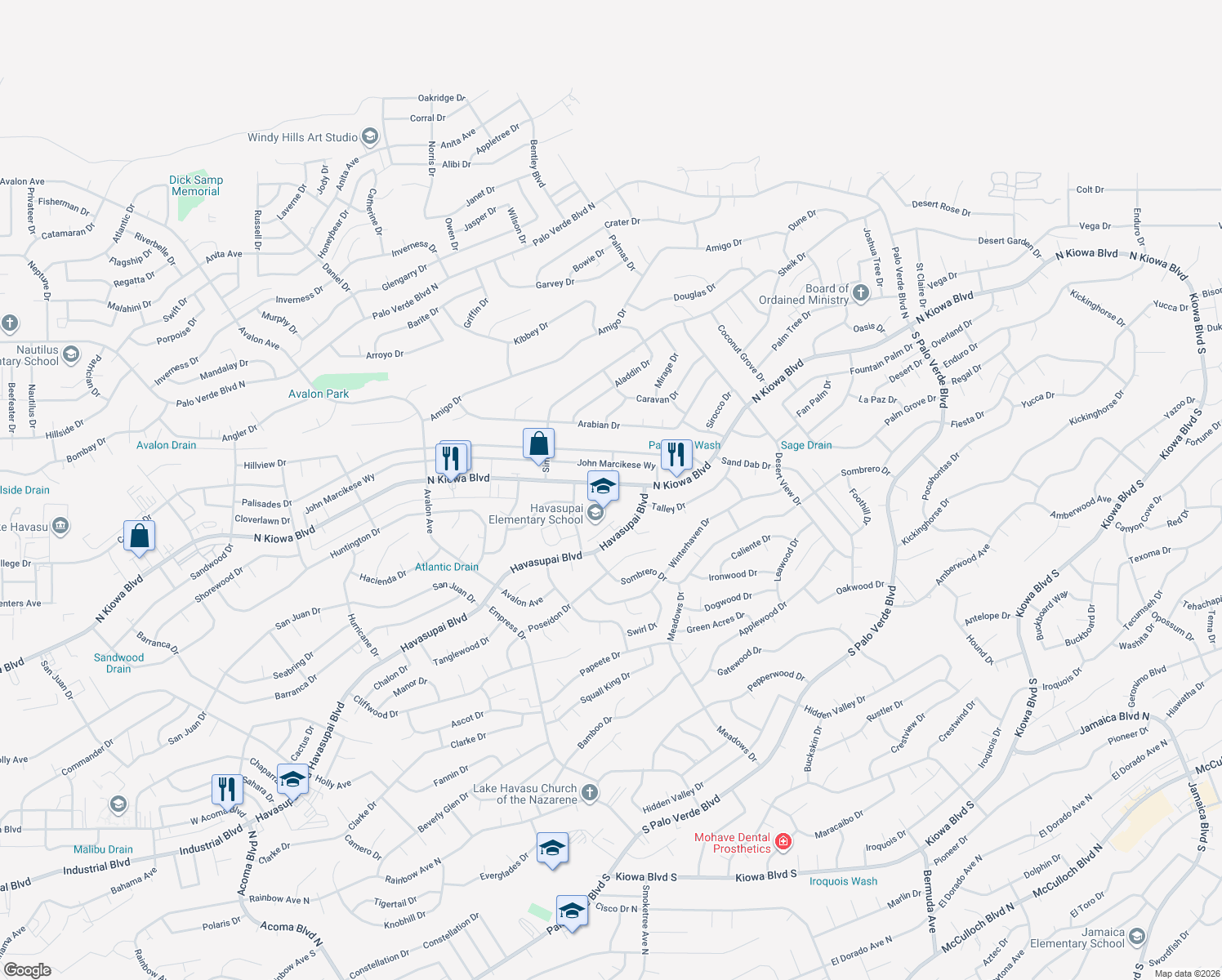 map of restaurants, bars, coffee shops, grocery stores, and more near 2910 Kiowa Blvd N in Lake Havasu City