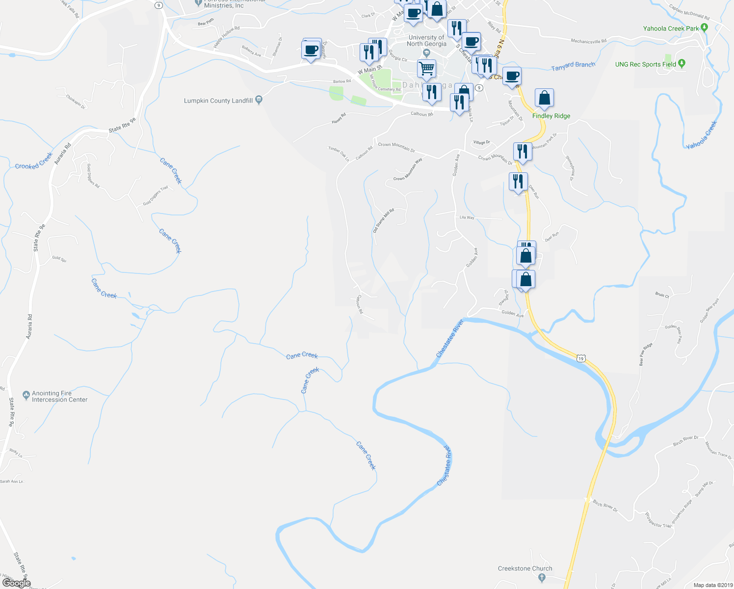 map of restaurants, bars, coffee shops, grocery stores, and more near Shamans Way in Dahlonega