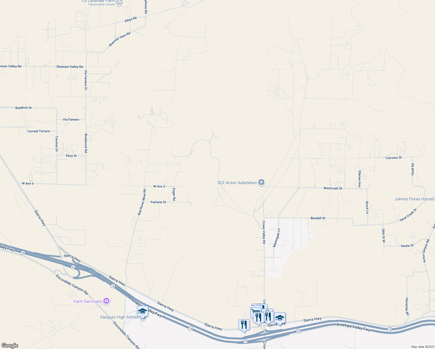 map of restaurants, bars, coffee shops, grocery stores, and more near Pelona Canyon Road in Acton