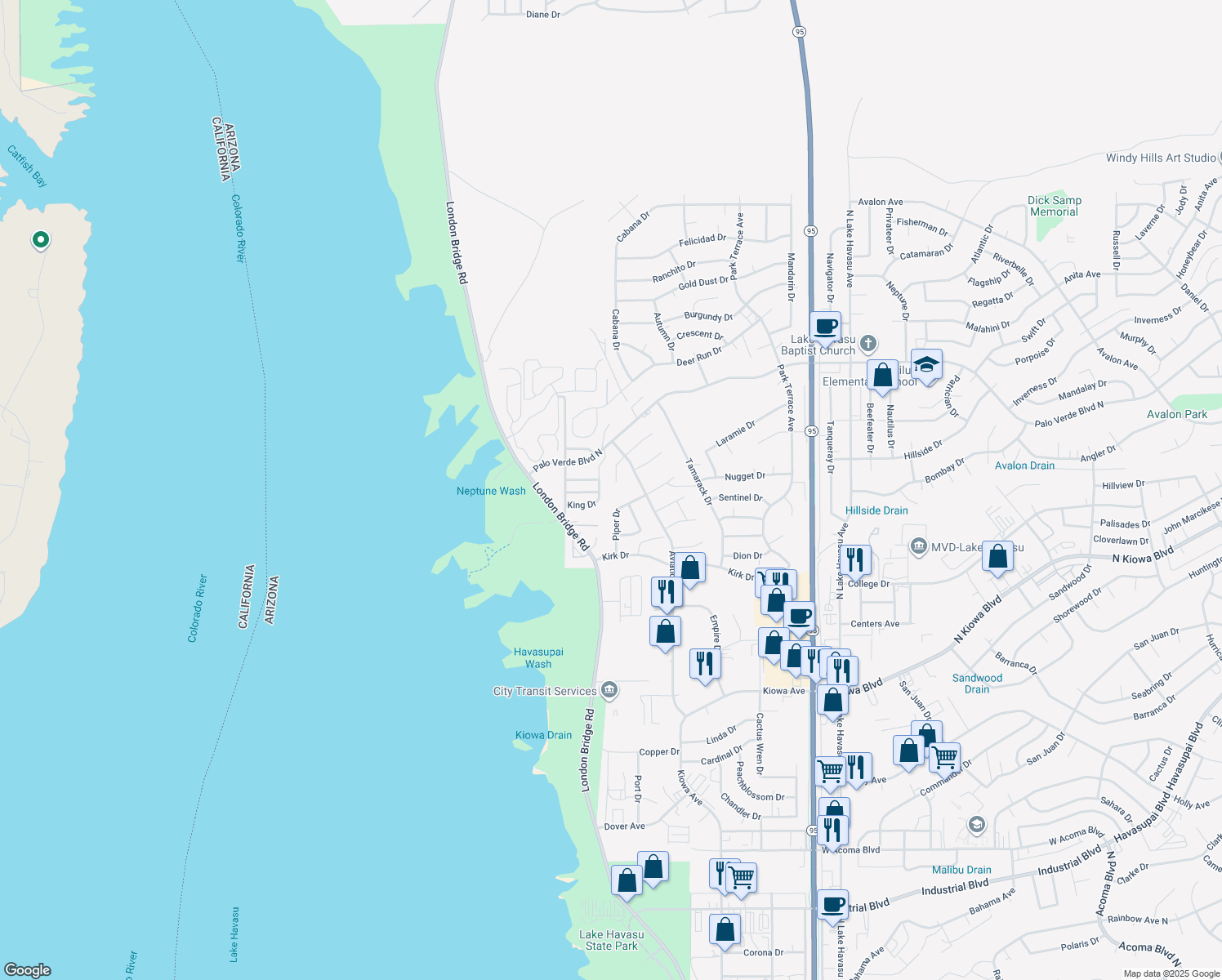 map of restaurants, bars, coffee shops, grocery stores, and more near 1409 Electra Bay in Lake Havasu City