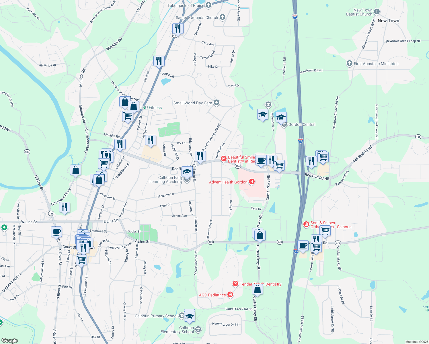 map of restaurants, bars, coffee shops, grocery stores, and more near 105 Devonwood Drive in Calhoun