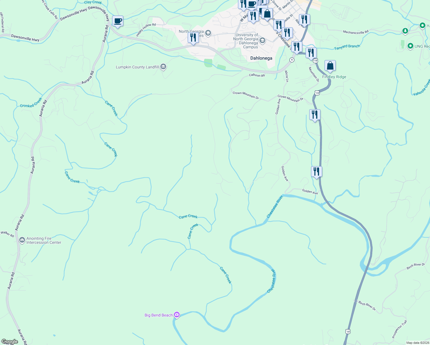 map of restaurants, bars, coffee shops, grocery stores, and more near 1170 Calhoun Road in Dahlonega