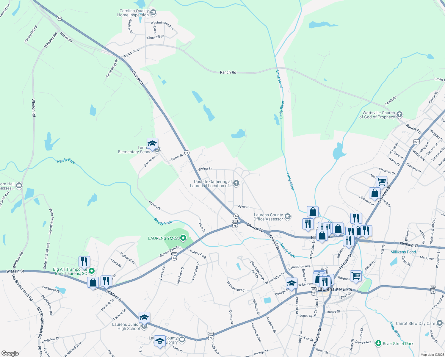 map of restaurants, bars, coffee shops, grocery stores, and more near 209 Oakwood Drive in Laurens