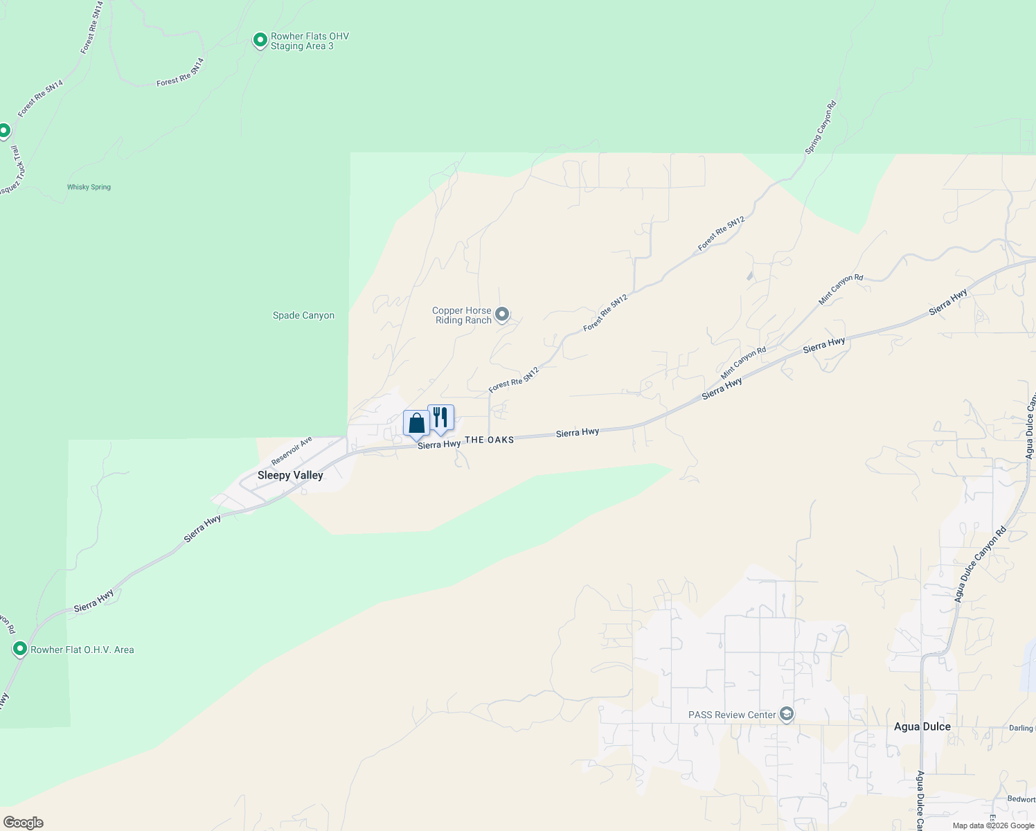 map of restaurants, bars, coffee shops, grocery stores, and more near 12625 Sierra Highway in Agua Dulce