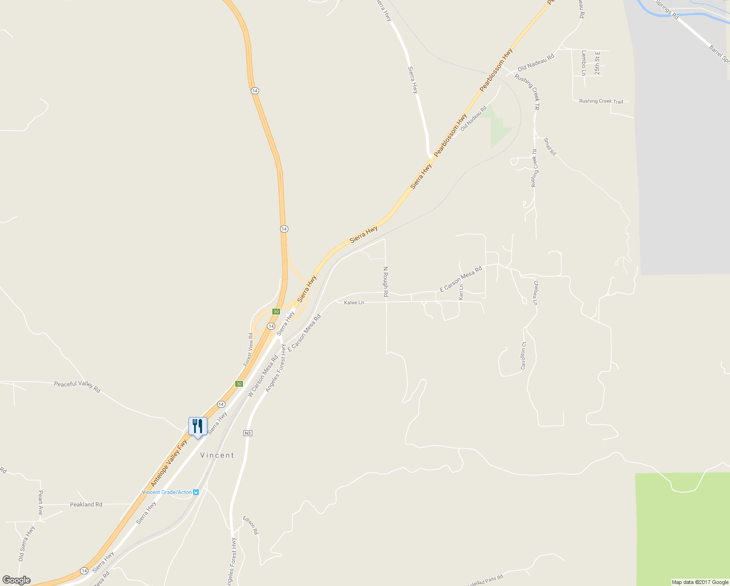 map of restaurants, bars, coffee shops, grocery stores, and more near 1401 East Carson Mesa Road in Palmdale