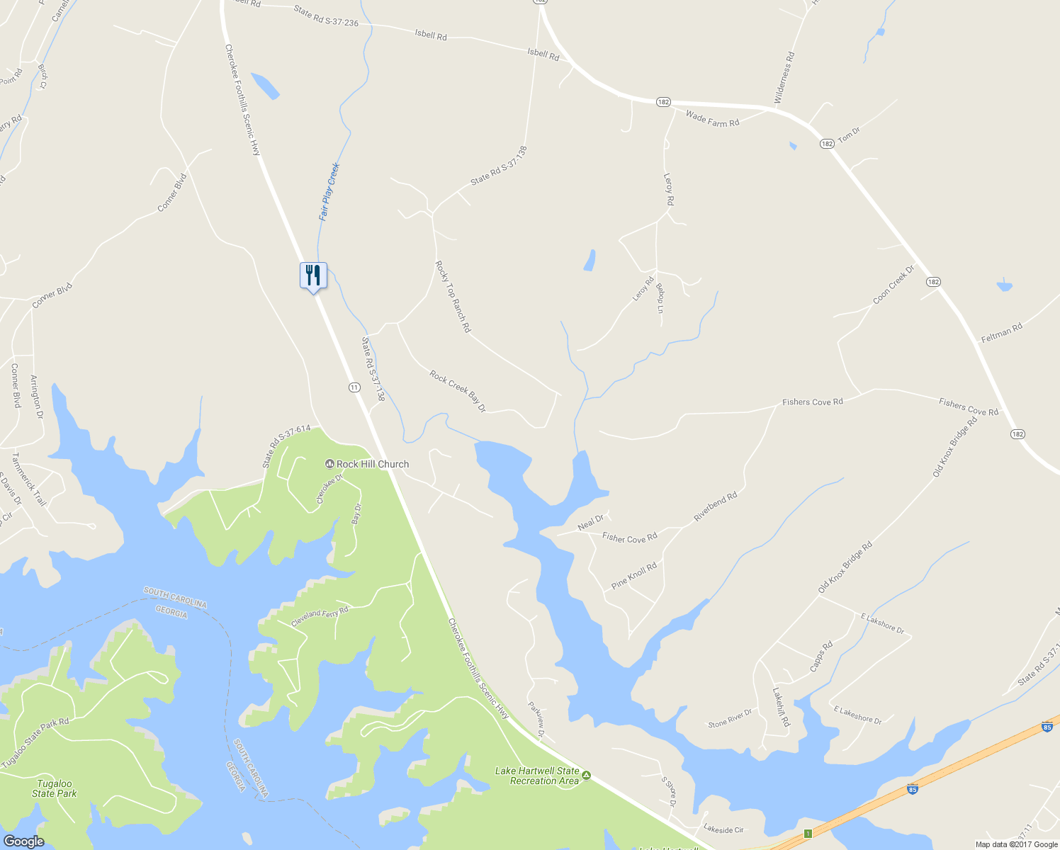 map of restaurants, bars, coffee shops, grocery stores, and more near 576 Rock Creek Bay Drive in Fair Play