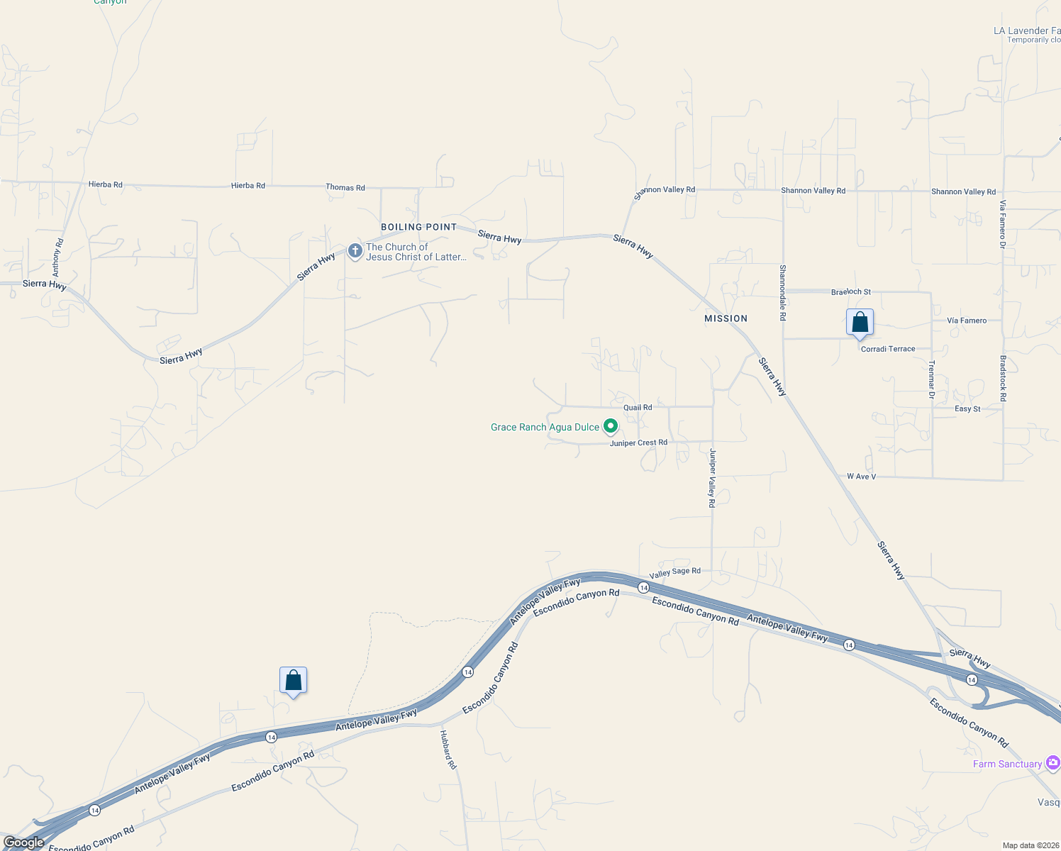 map of restaurants, bars, coffee shops, grocery stores, and more near 6705 Quail Road in Agua Dulce