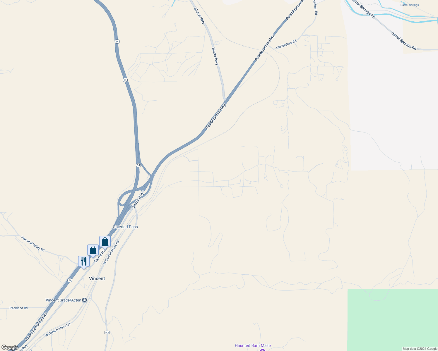 map of restaurants, bars, coffee shops, grocery stores, and more near East Carson Mesa Road in Palmdale