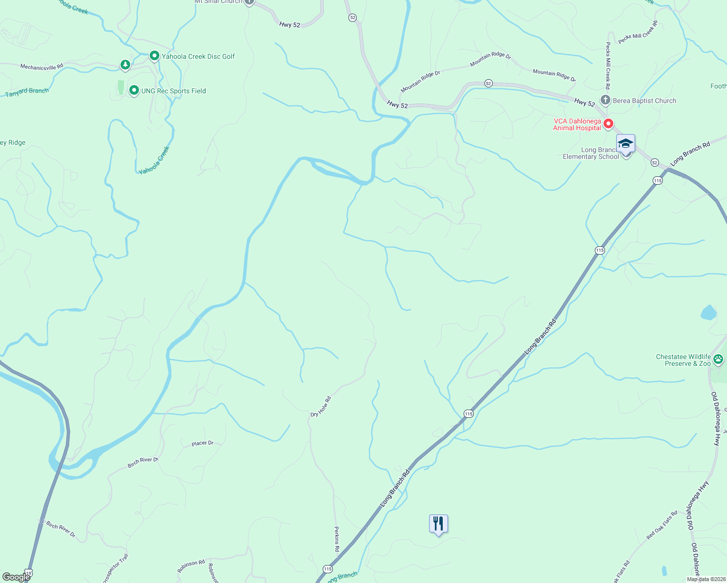 map of restaurants, bars, coffee shops, grocery stores, and more near 1562 Dry Hollow Road in Dahlonega