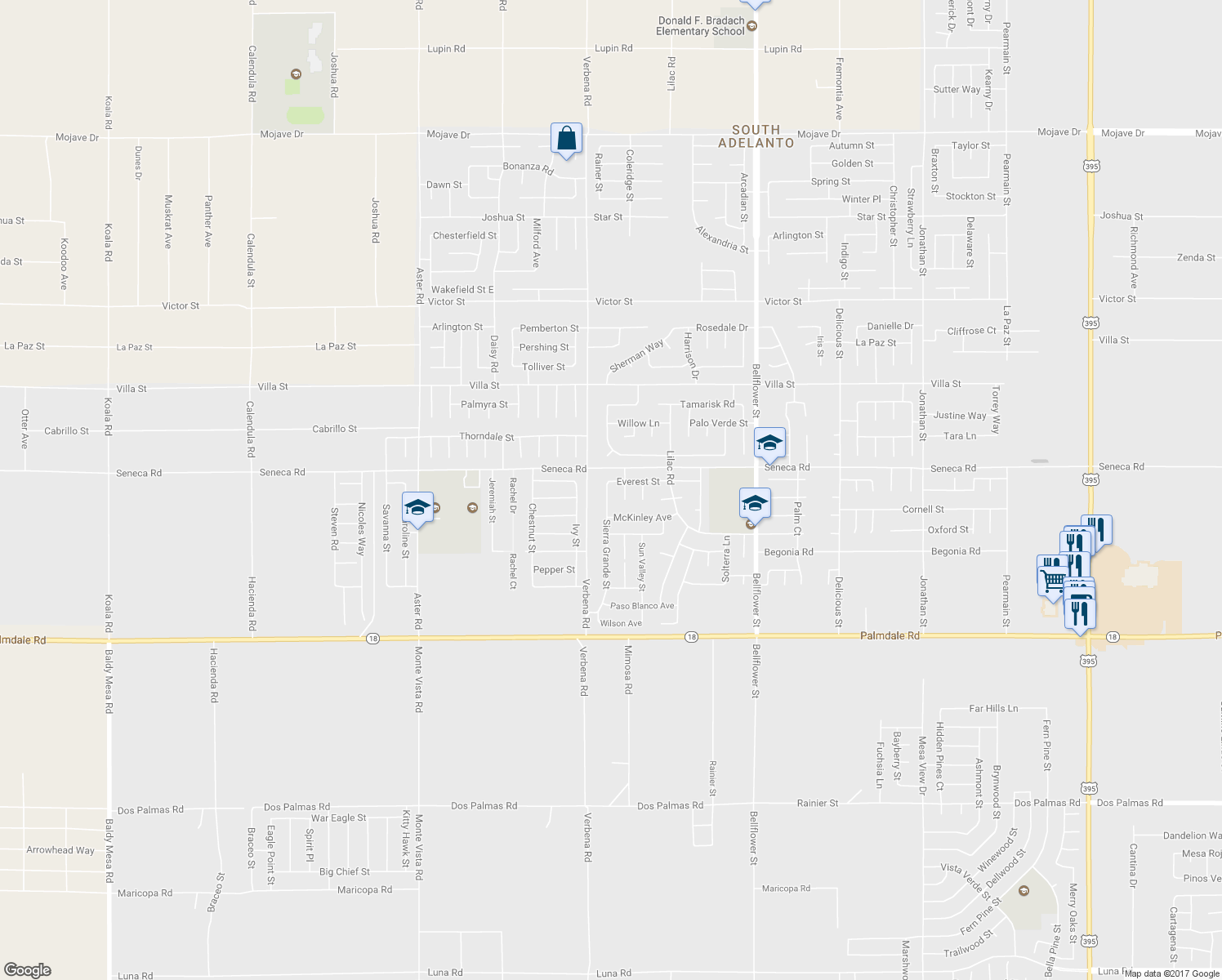 map of restaurants, bars, coffee shops, grocery stores, and more near 14455 Sierra Grande Street in Adelanto