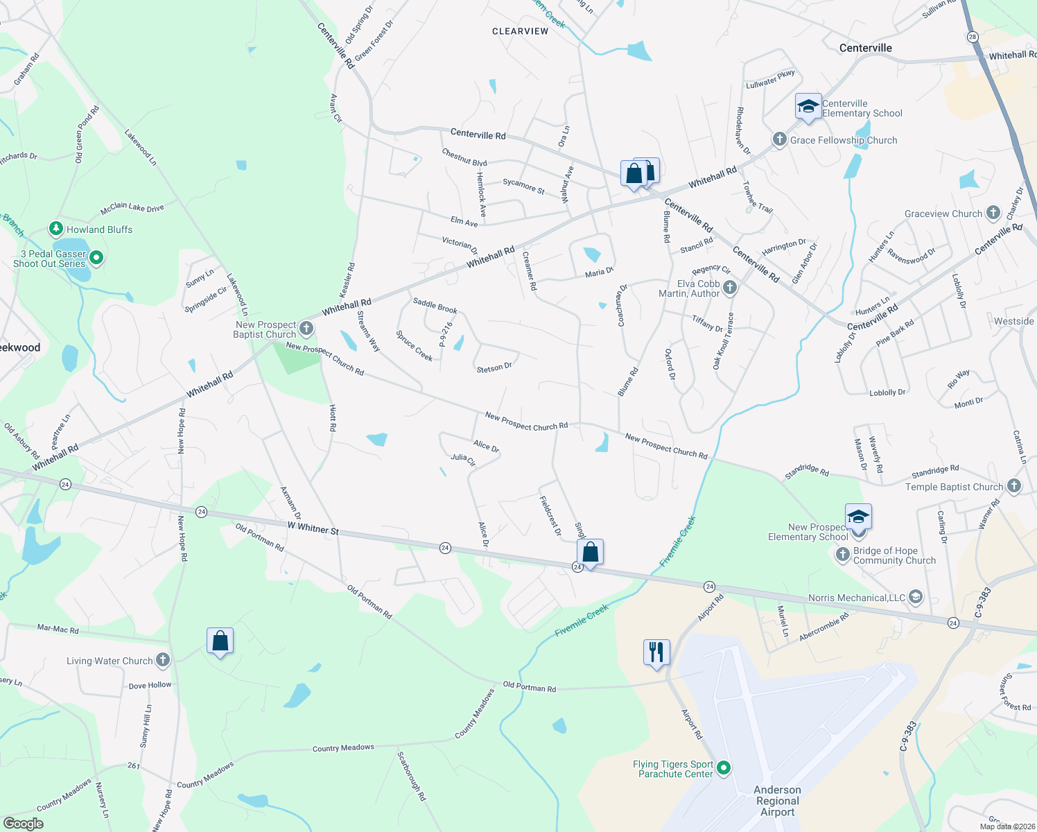 map of restaurants, bars, coffee shops, grocery stores, and more near 730 New Prospect Church Road in Anderson