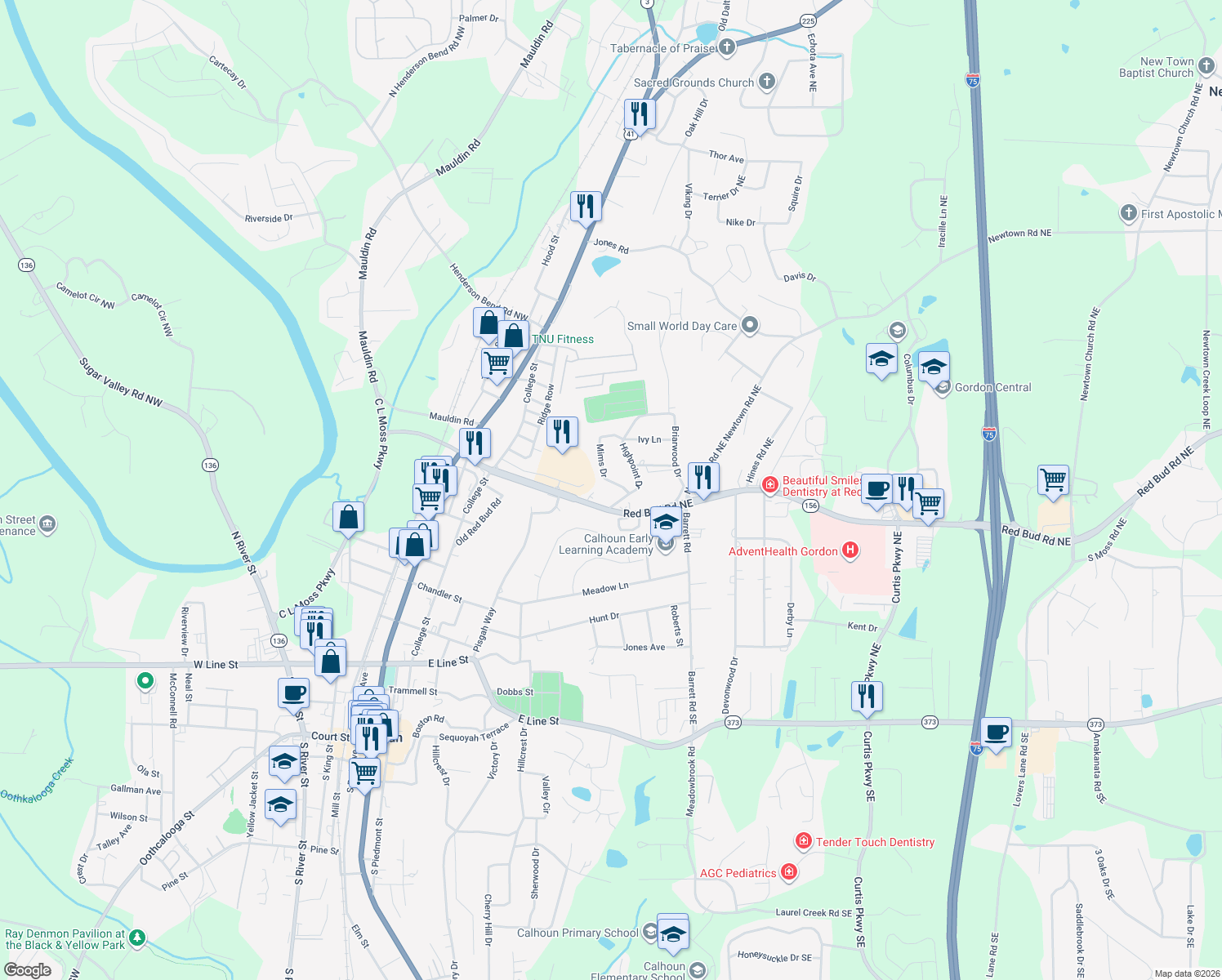 map of restaurants, bars, coffee shops, grocery stores, and more near 103 Mims Dr in Calhoun