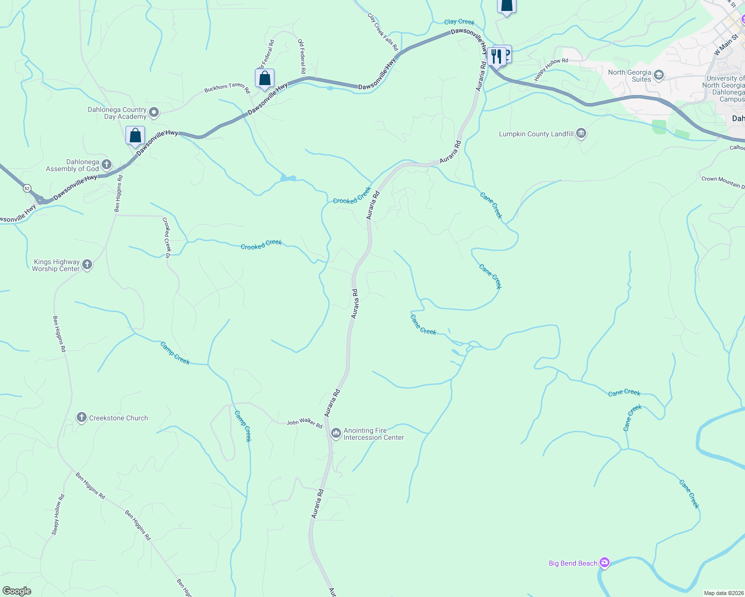 map of restaurants, bars, coffee shops, grocery stores, and more near 44 Gold Spr in Dahlonega