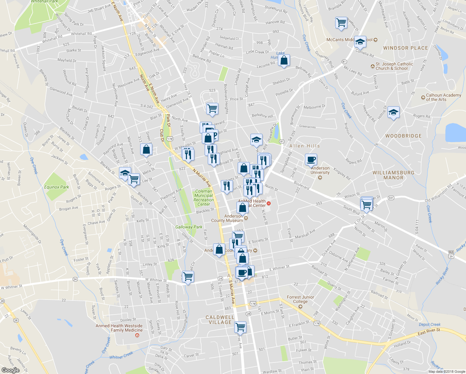 map of restaurants, bars, coffee shops, grocery stores, and more near 205 Crayton Street in Anderson