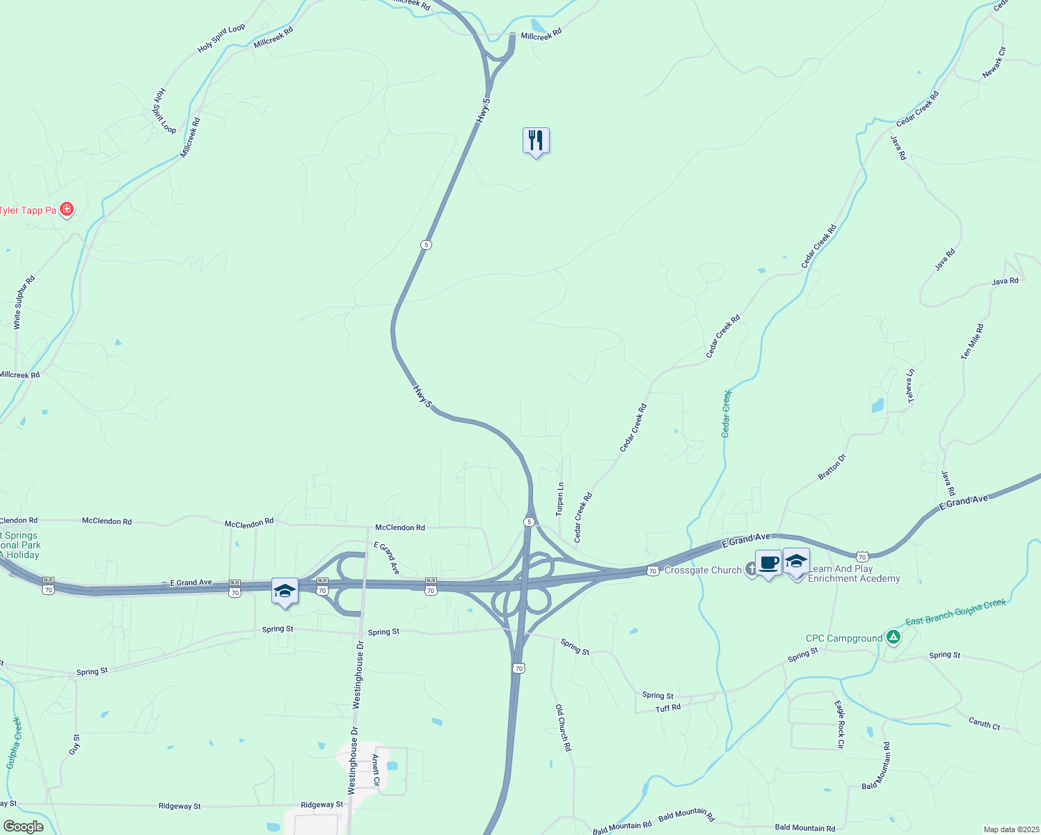 map of restaurants, bars, coffee shops, grocery stores, and more near 448 Turpen Lane in Garland County