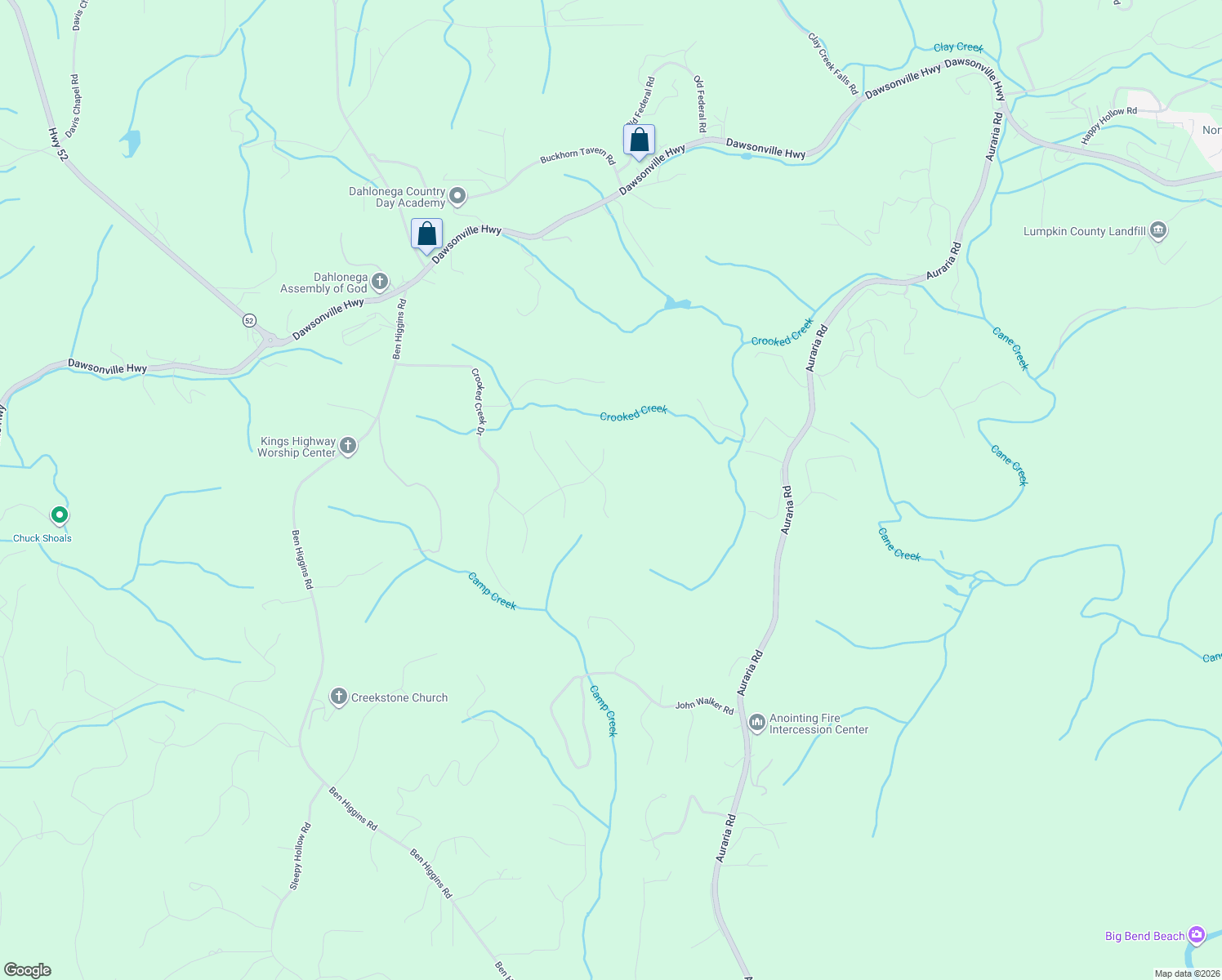 map of restaurants, bars, coffee shops, grocery stores, and more near 69 Oak Springs Trail in Dahlonega