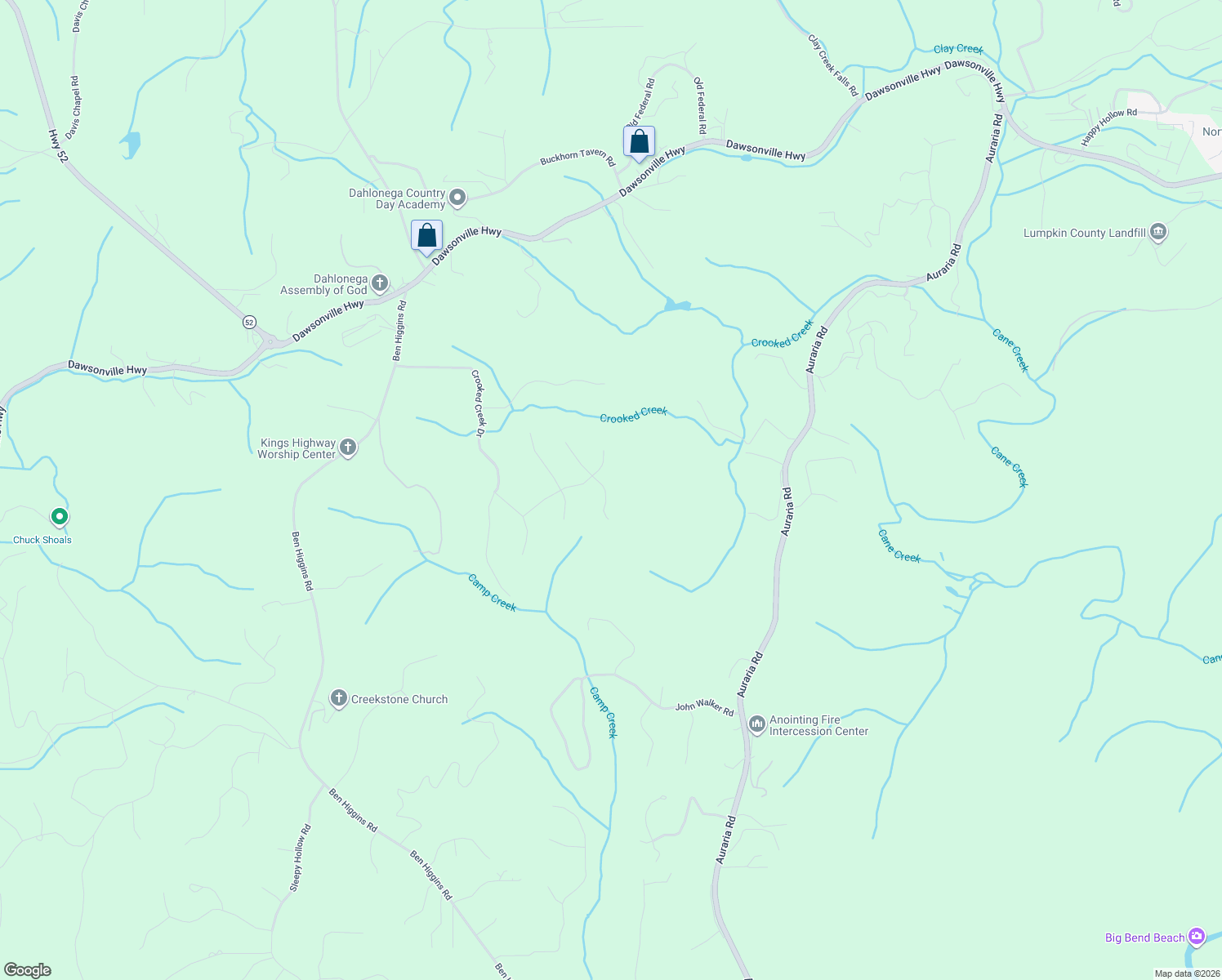 map of restaurants, bars, coffee shops, grocery stores, and more near 69 Oak Springs Trail in Dahlonega