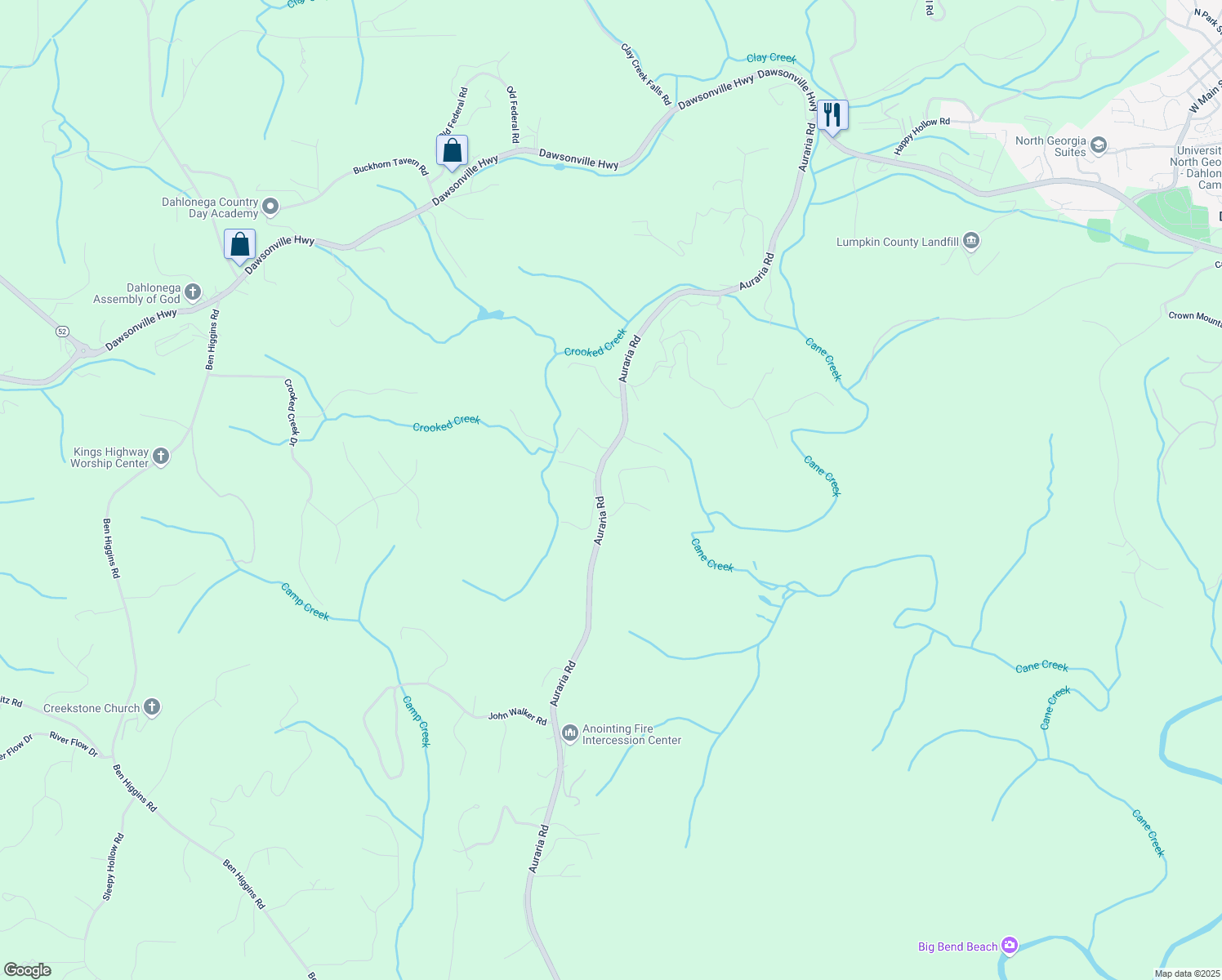 map of restaurants, bars, coffee shops, grocery stores, and more near 1437 Auraria Road in Dahlonega