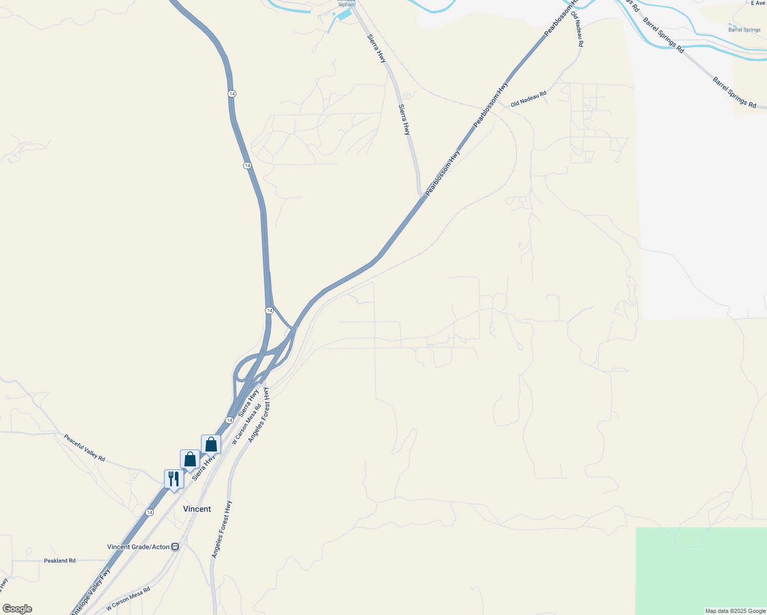 map of restaurants, bars, coffee shops, grocery stores, and more near East Carson Mesa Road in Palmdale