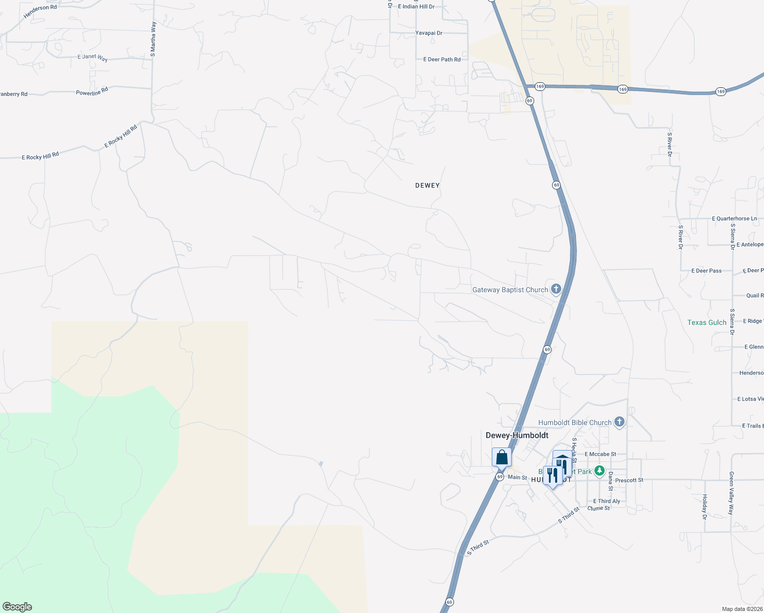 map of restaurants, bars, coffee shops, grocery stores, and more near 12095 East Cody Ridge Road in Dewey-Humboldt