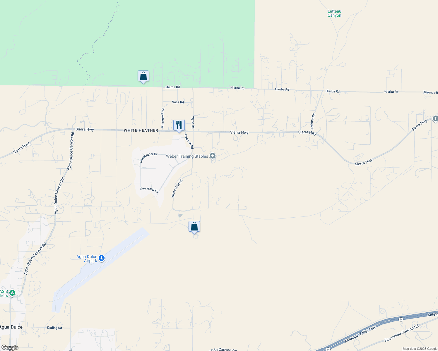 map of restaurants, bars, coffee shops, grocery stores, and more near 9175 Yucca Hills Road in Agua Dulce