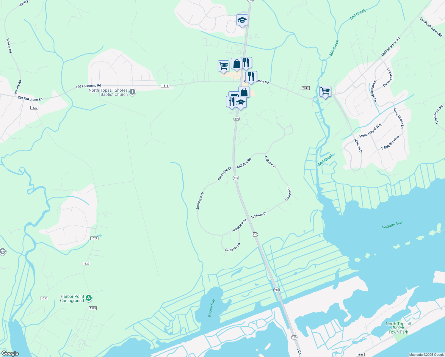 map of restaurants, bars, coffee shops, grocery stores, and more near 203 Seascape Drive in Sneads Ferry