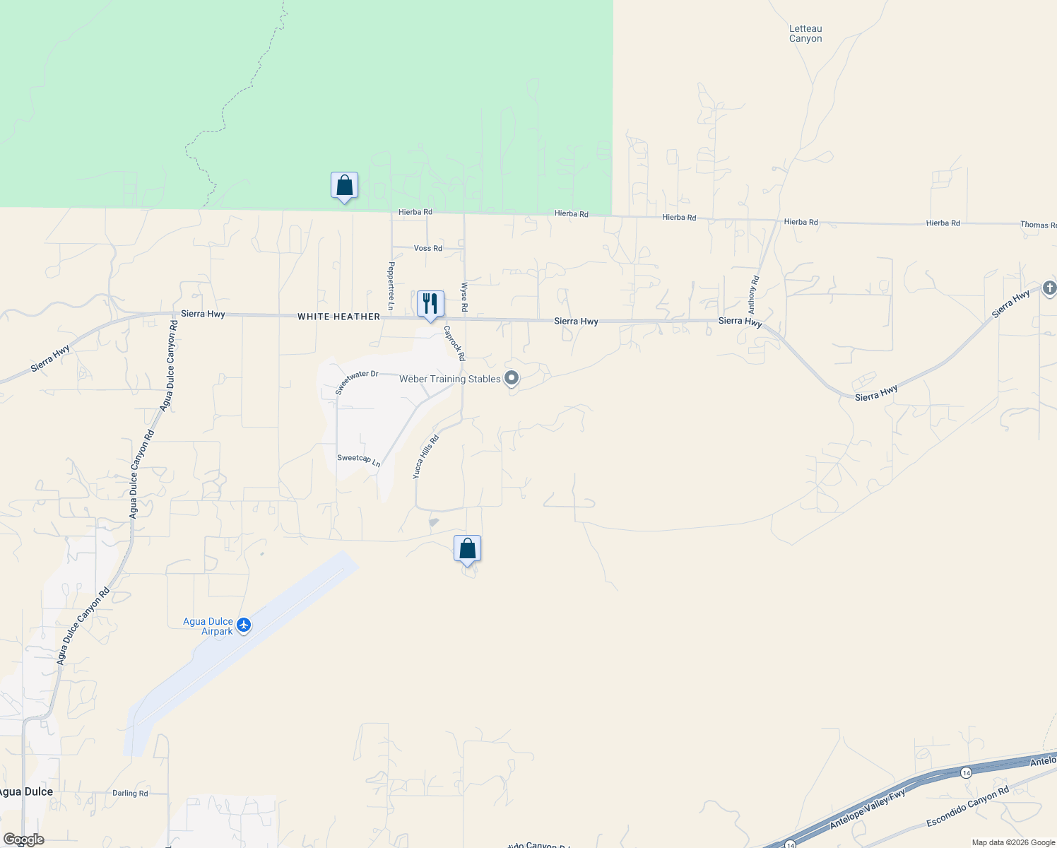 map of restaurants, bars, coffee shops, grocery stores, and more near 9175 Yucca Hills Road in Agua Dulce