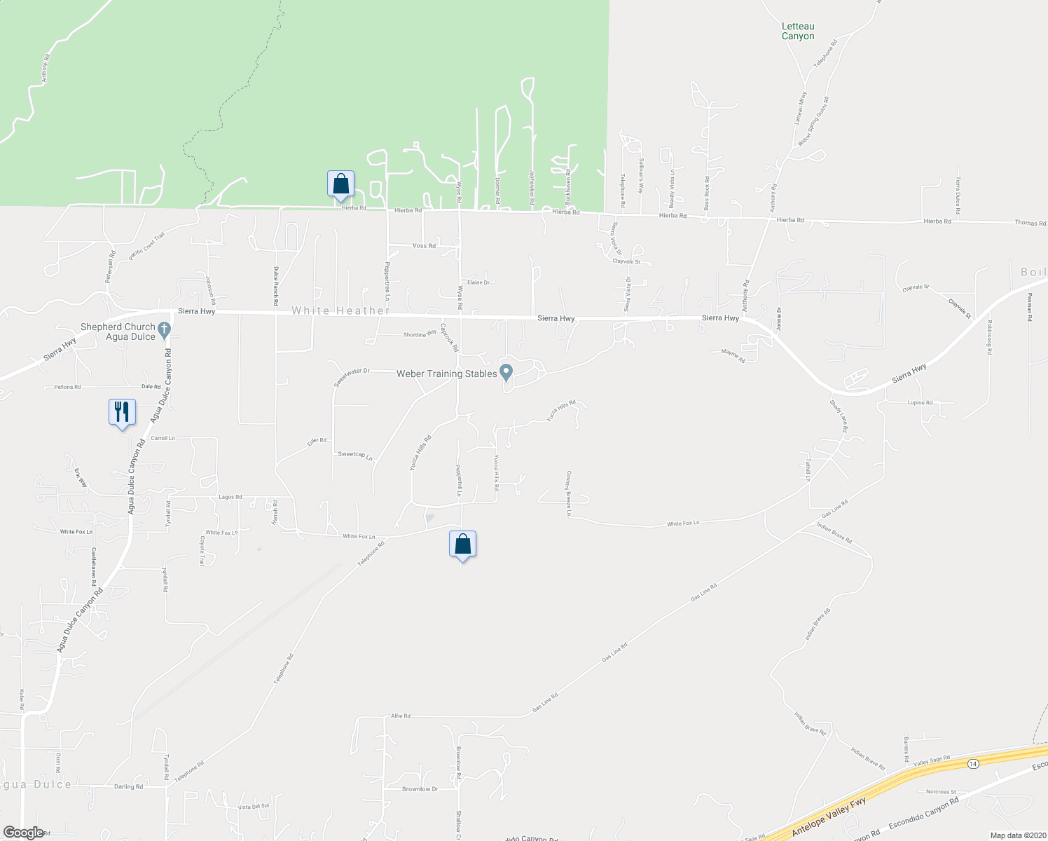 map of restaurants, bars, coffee shops, grocery stores, and more near 9175 Yucca Hills Road in Agua Dulce