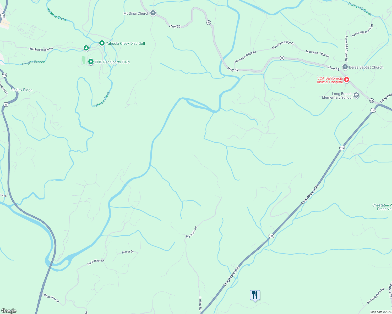 map of restaurants, bars, coffee shops, grocery stores, and more near 1562 Dry Hollow Rd in Dahlonega