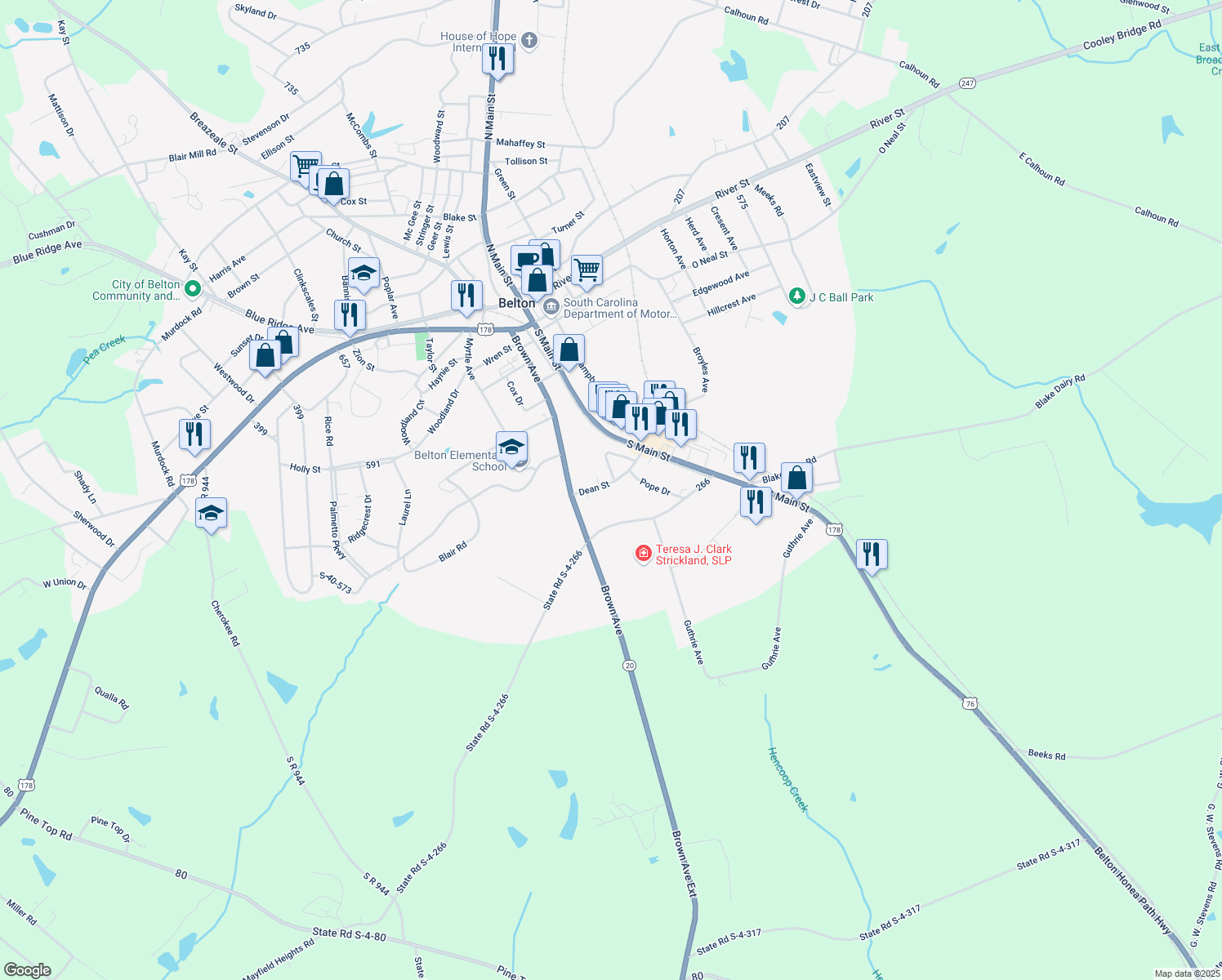 map of restaurants, bars, coffee shops, grocery stores, and more near 108 Dean Street in Belton