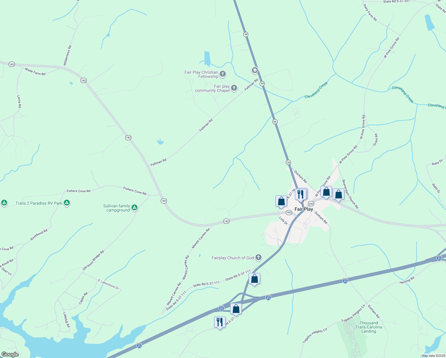 map of restaurants, bars, coffee shops, grocery stores, and more near 131 Jay Lane in Fair Play