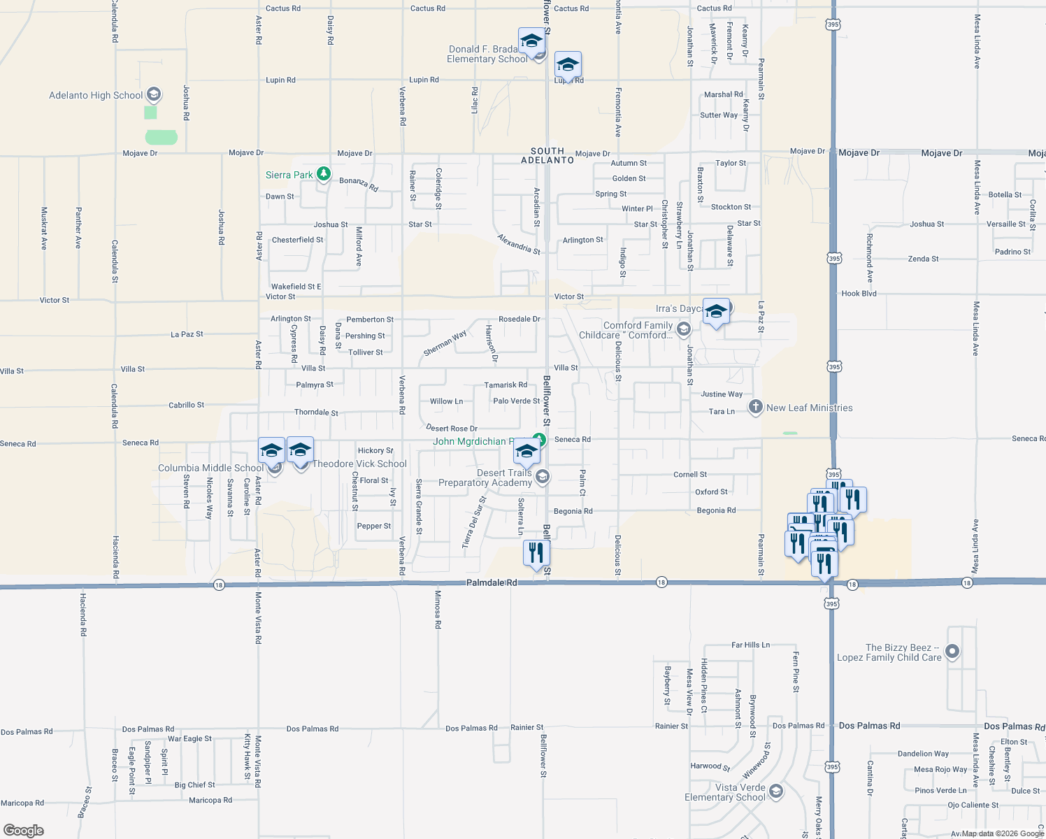 map of restaurants, bars, coffee shops, grocery stores, and more near 14557 Juniper Ln in Adelanto