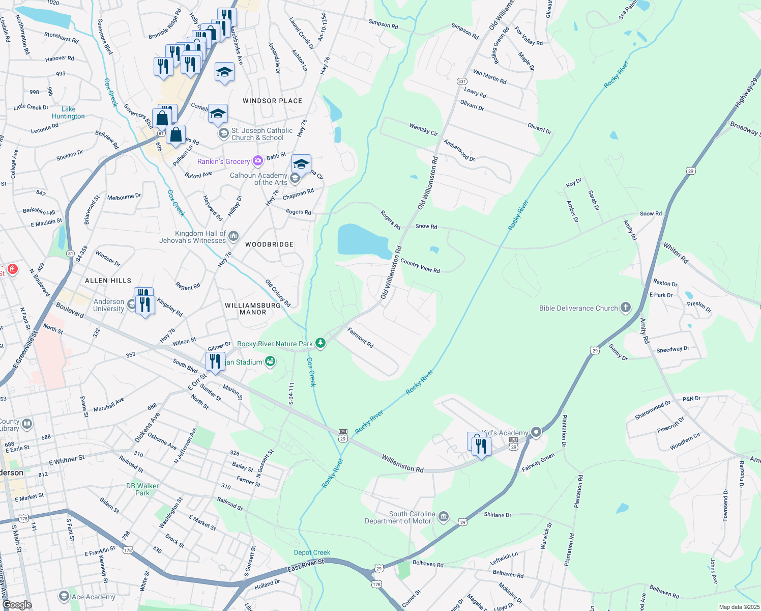 map of restaurants, bars, coffee shops, grocery stores, and more near 100 Palm Branch Way in Anderson