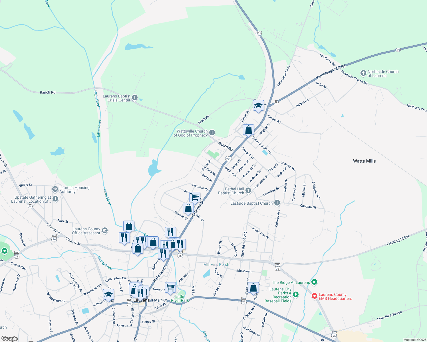 map of restaurants, bars, coffee shops, grocery stores, and more near 102 Cora Street in Laurens