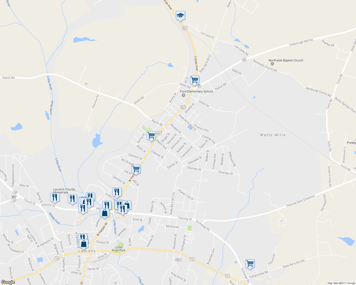 map of restaurants, bars, coffee shops, grocery stores, and more near 10 Simmons Street in Laurens
