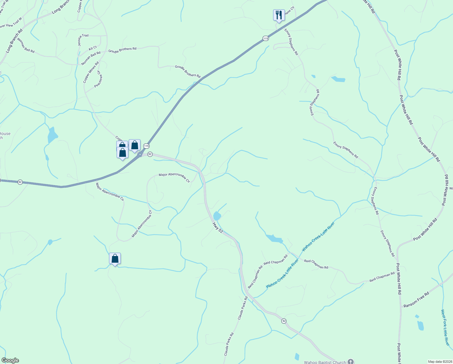 map of restaurants, bars, coffee shops, grocery stores, and more near 7533 Georgia 52 in Murrayville