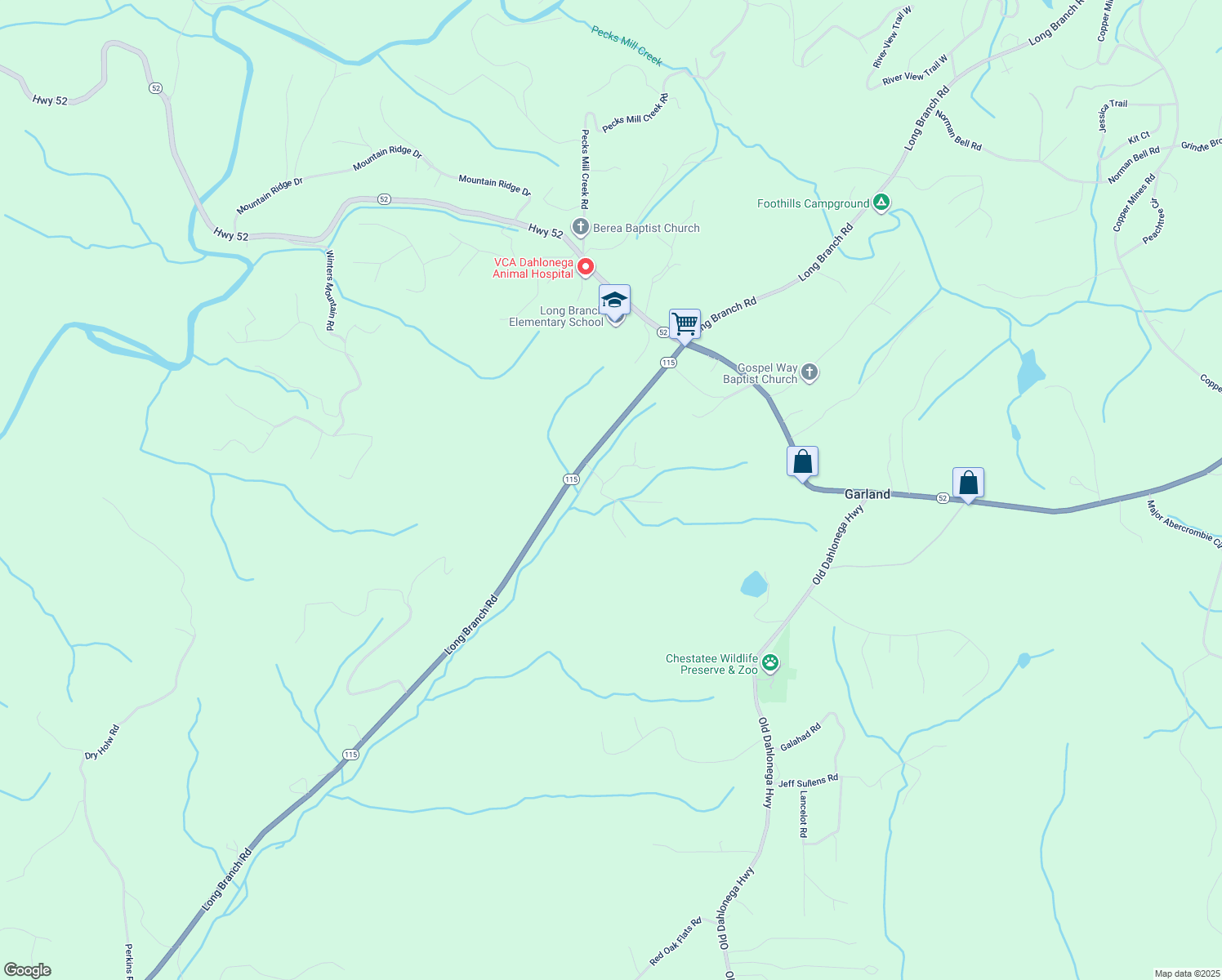 map of restaurants, bars, coffee shops, grocery stores, and more near 95 Holly Ln in Dahlonega
